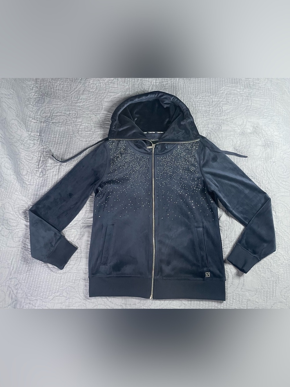 Calvin Klein Navy Velour Zip-up Jacket With Rhinestone Size: Small
